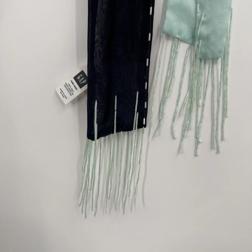 Gap Scarf Womens One Size Blue Silk Beaded‎ Fringe Rectangle Chiffon Lightweight